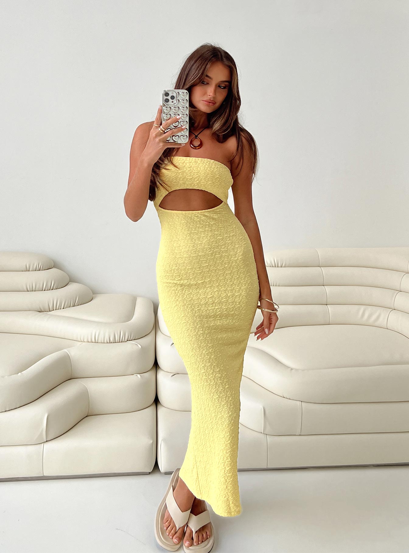 Yellow strapless best sale midi dress