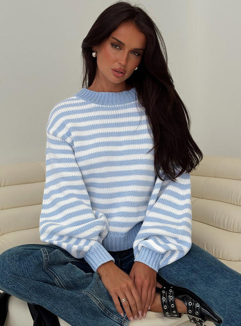 front view of model wearing Princess Polly Harmony Balloon Sleeve Knit Sweater Blue / White Stripe Cropped 