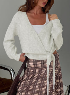 front view of model wearing Princess Polly Daelan Wrap Knit Cardigan Grey Marle cropped 