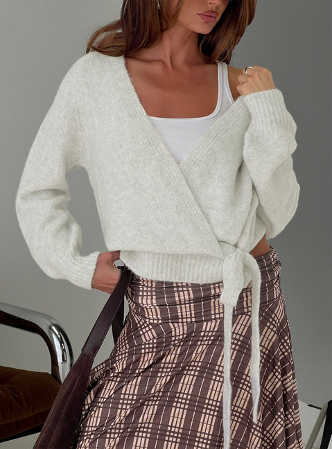 front view of model wearing Princess Polly Daelan Wrap Knit Cardigan Grey Marle cropped 