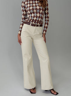 front view of model wearing Princess Polly Maple Mid Rise Flare Jeans Ecru High Rise Jeans 