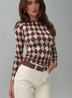Shonna Boat Neck Long Sleeve Top Argyle