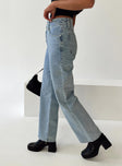 Front view of model wearing  front Princess Polly Mid Rise  Hasmyn Straight Leg Jeans Light Wash Denim