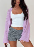 front view of model wearing Princess Polly Abner Cable Cardigan Lilac Long 