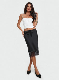   front view of model wearing Princess Polly Gervais Satin Midi Skirt Black Midi Skirts 