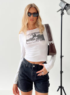 Front view of model wearing  front Princess Polly Full Sleeves High Neck  West Coast Tour Long Sleeve Top White