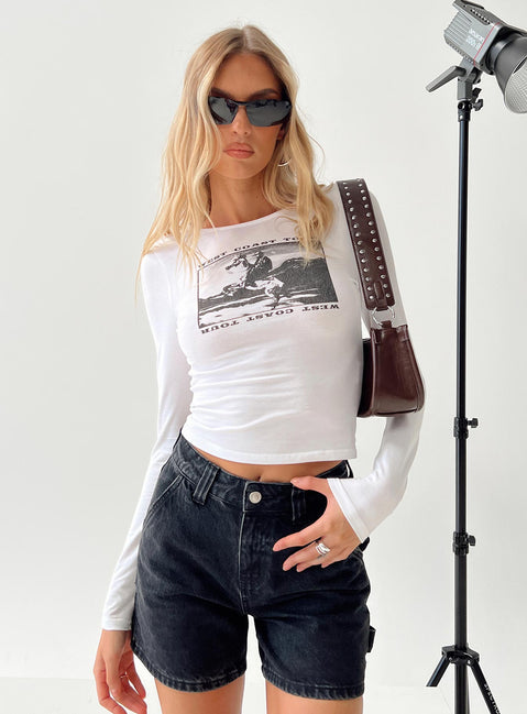 Front view of model wearing  front Princess Polly Full Sleeves High Neck  West Coast Tour Long Sleeve Top White