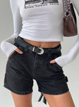 front view of model wearing Princess Polly Lou Carpenter Denim Shorts Washed Black Lower Impact High Waisted Shorts 