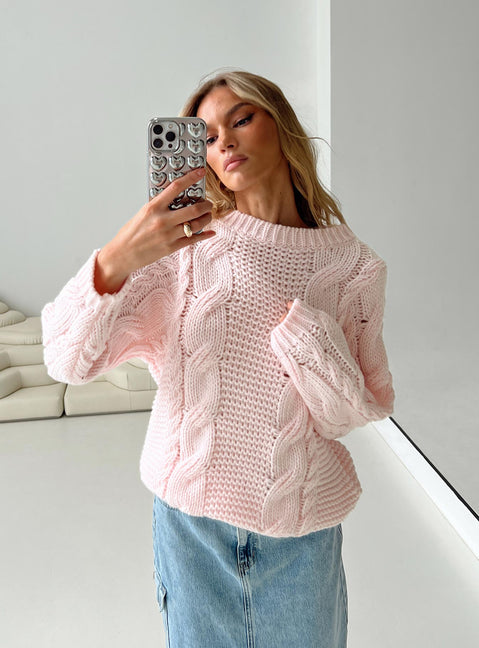 back view of model wearing Princess Polly Ellison Cable Knit Sweater Blush Pink Long 