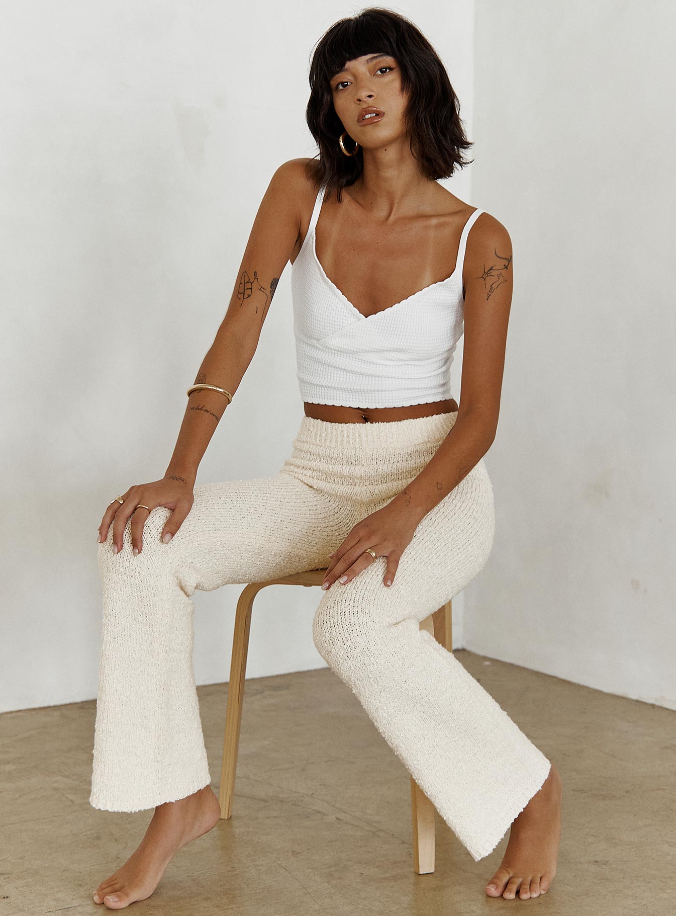 front view of model wearing Princess Polly Night In Boucle Pants Cream High Waisted Pants 