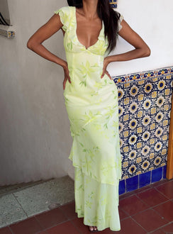front view of model wearing Princess Polly Been Away Frill Maxi Dress Green Multi Plunger 