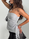 side view of model wearing Princess Polly Zechariah Strapless Top Silver Sleeveless straight 