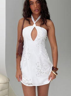 front view of model wearing Princess Polly Since Way Back Halter Mini Dress White Straight Neck 