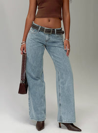 front view of model wearing Princess Polly Ellanor Low Rise Slouch Denim Jean Light Blue Low Rise Jeans 