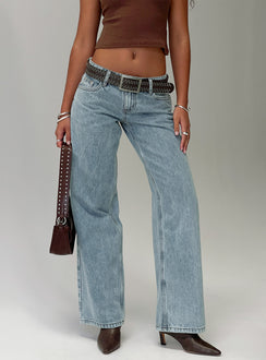 front view of model wearing Princess Polly Ellanor Low Rise Slouch Denim Jean Light Blue Low Rise Jeans 