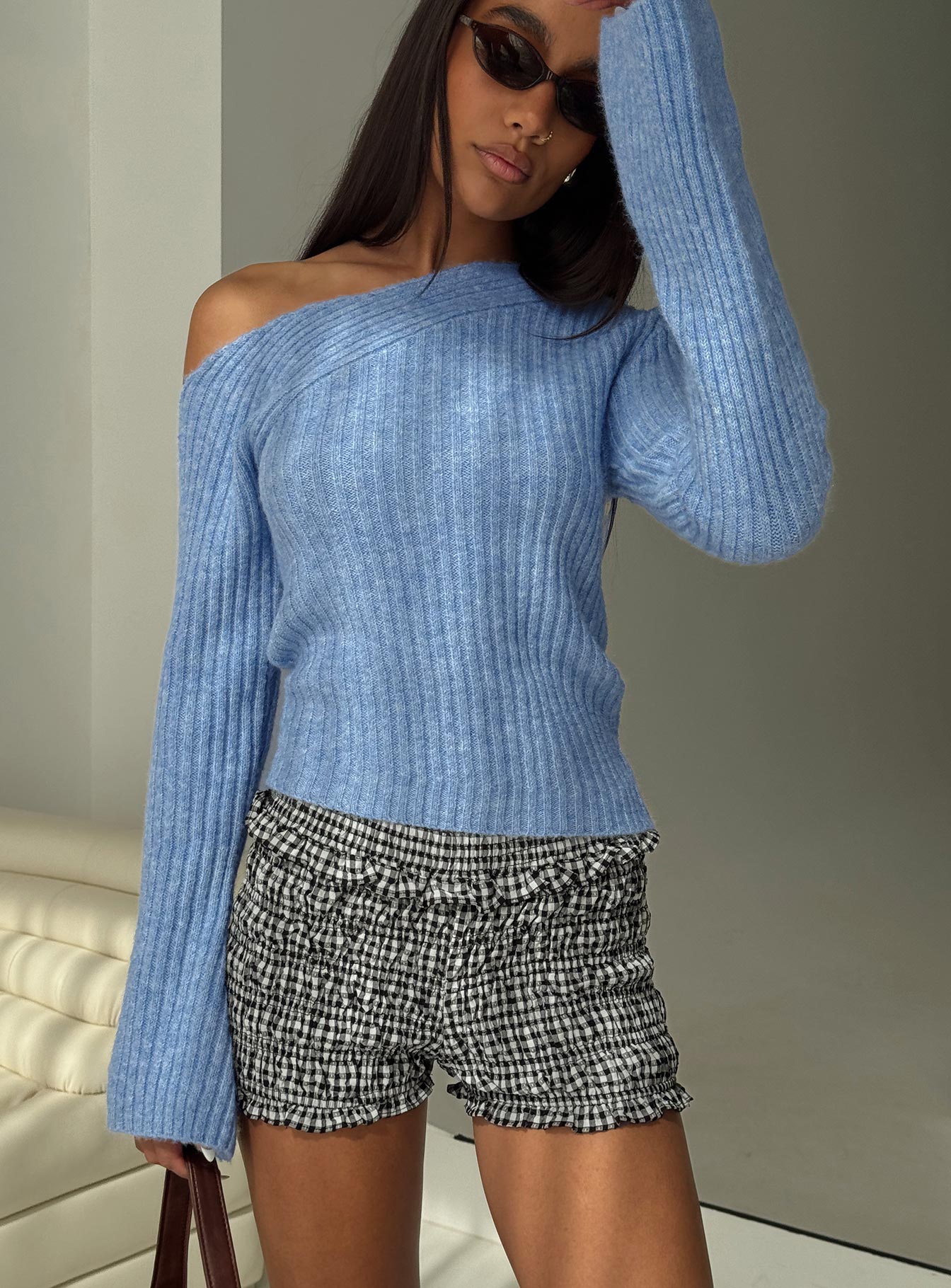 back view of model wearing Princess Polly Phillips Cold Shoulder Sweater Blue Cropped 