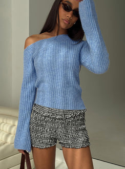 back view of model wearing Princess Polly Phillips Cold Shoulder Sweater Blue Cropped 