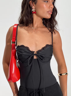 front view of model wearing Princess Polly Monument Bodysuit Black Sleeveless Sweetheart 