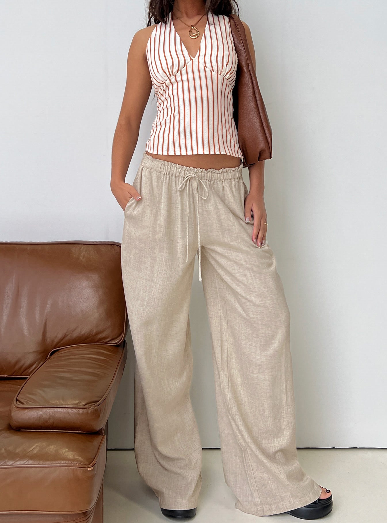 front view of model wearing Princess Polly Seascape Oversize Tie Pants Natural High Waisted Pants 