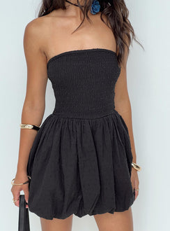 back view of model wearing Princess Polly Serenele Strapless Bubble Hem Mini Dress Black Straight Neck 