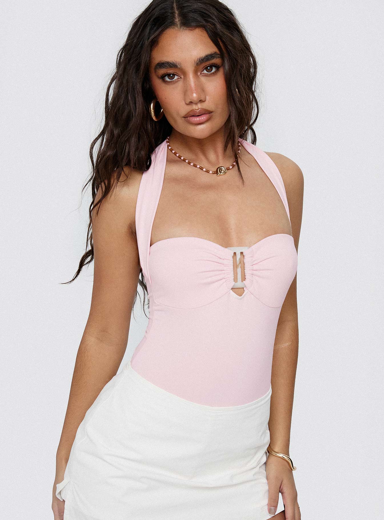 back view of model wearing Princess Polly Swaying Buckle Detail Bodysuit Pink Sleeveless 