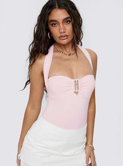 back view of model wearing Princess Polly Swaying Buckle Detail Bodysuit Pink Sleeveless 