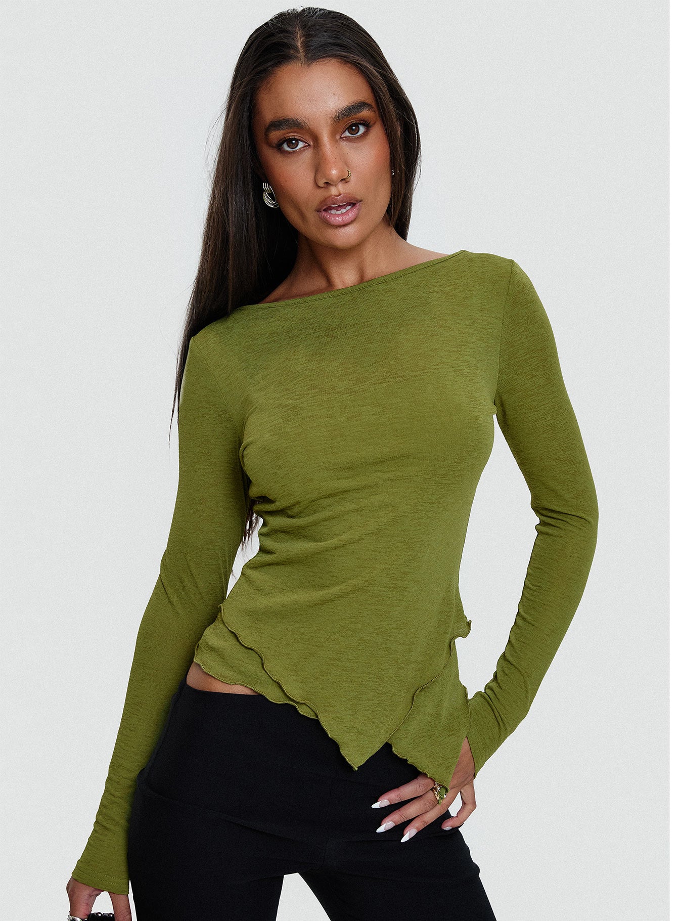 front view of model wearing Princess Polly I Know You Backless Long Sleeve Top Green Full Sleeves Boat Neck 