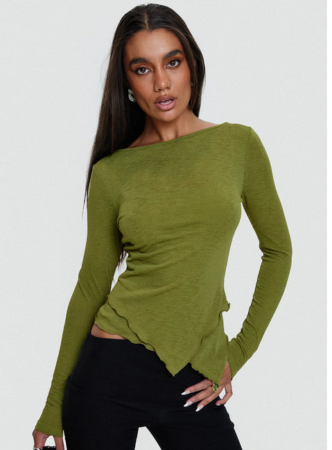 front view of model wearing Princess Polly I Know You Backless Long Sleeve Top Green Full Sleeves Boat Neck 
