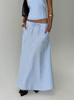   side view of model wearing Princess Polly Carmino Maxi Skirt Blue Check Midi Skirts 