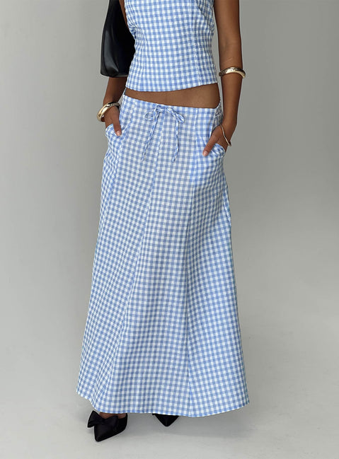   side view of model wearing Princess Polly Carmino Maxi Skirt Blue Check Midi Skirts 