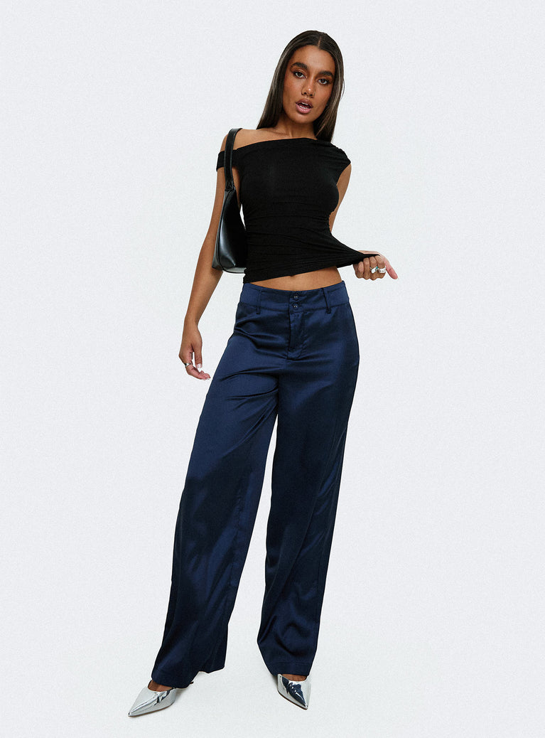 side view of model wearing Princess Polly Alaina Pants Navy High Waisted Pants 