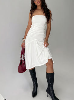 Rienna Strapless Asymmetrical Midi Dress White