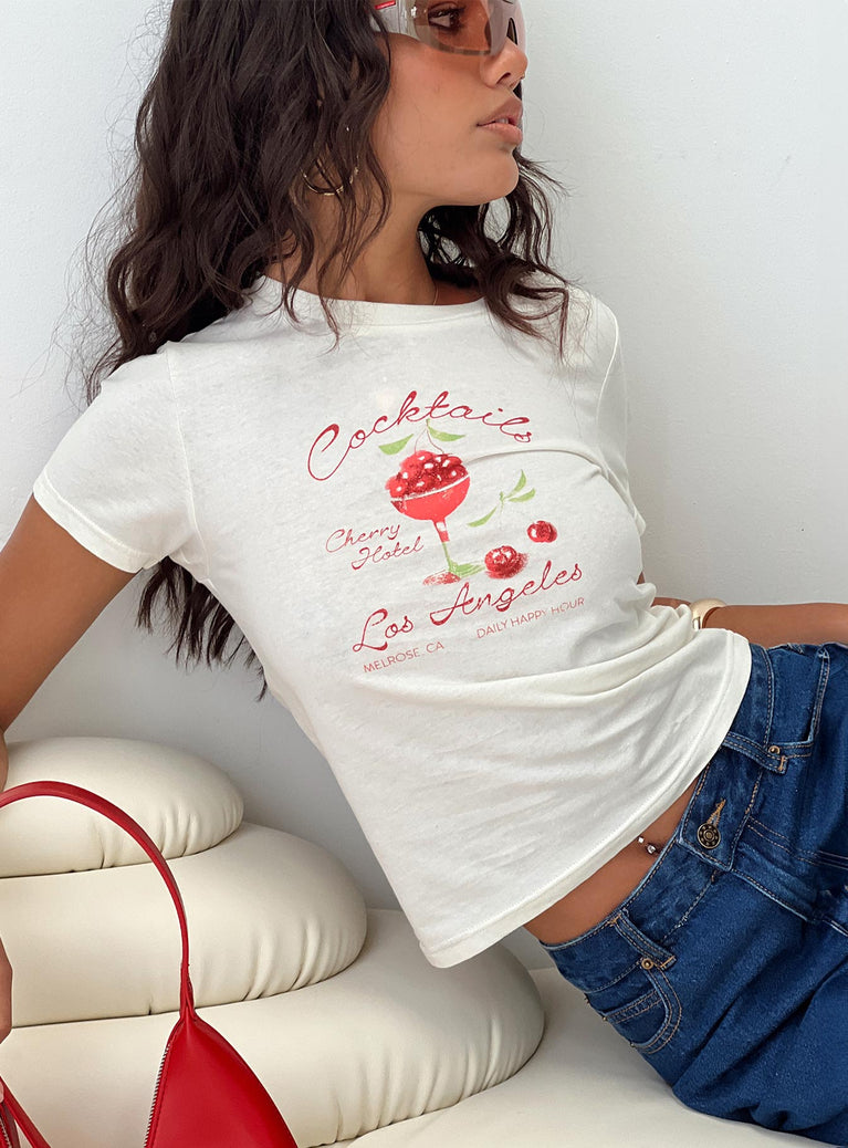 front view of model wearing Princess Polly Cherry Cocktails Tee White Short Sleeves Crew Neck 