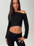 front view of model wearing Princess Polly Sina Off The Shoulder Top Black Full Sleeves Asymmetric Neckline 