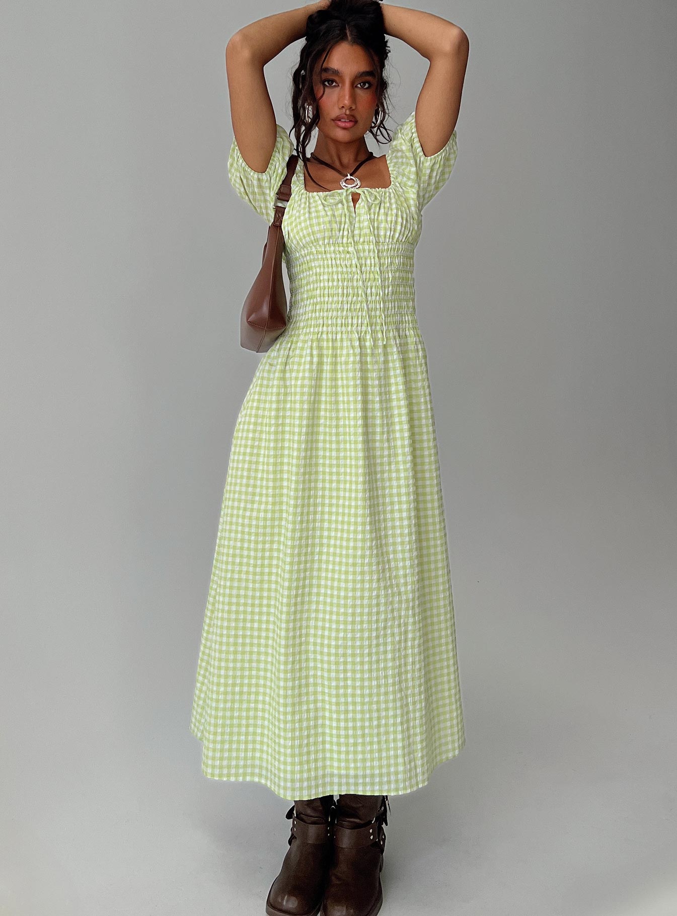 front view of model wearing Princess Polly More Than Butterflies Maxi Dress Green Check Square Neck 