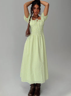 front view of model wearing Princess Polly More Than Butterflies Maxi Dress Green Check Square Neck 