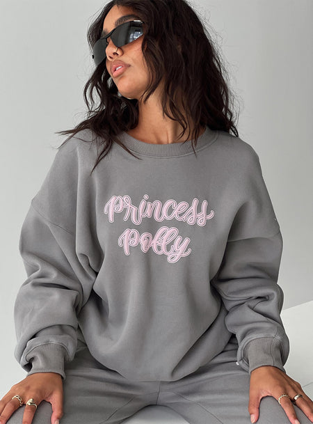 Princess Polly Crew Neck Sweatshirt Puff Text Charcoal
