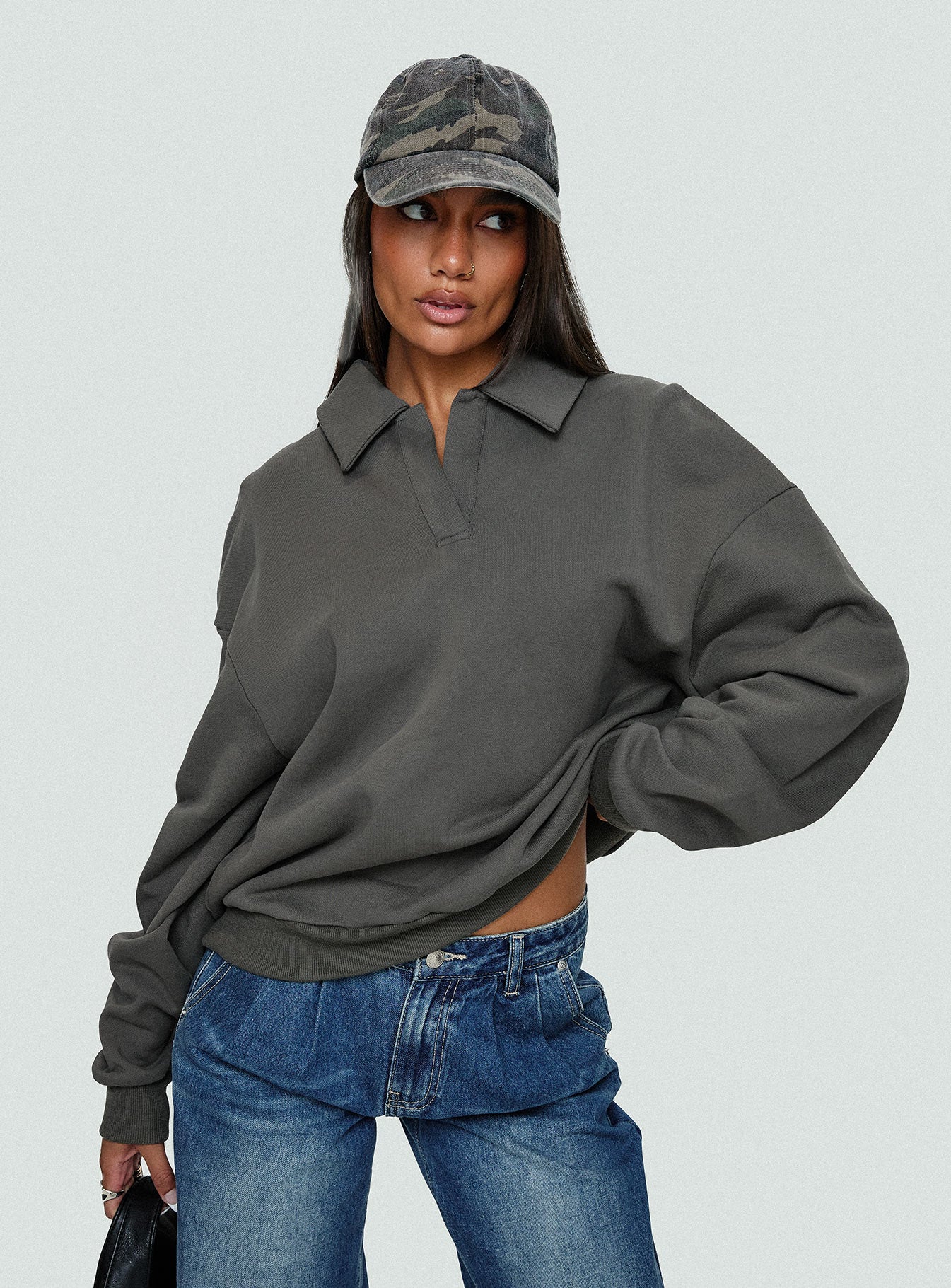 front view of model wearing Princess Polly Back Around Collared Fleece Jumper Slate 