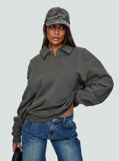 front view of model wearing Princess Polly Back Around Collared Fleece Jumper Slate 