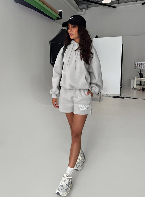 front view of model wearing Princess Polly Princess Polly Track Shorts Puff Text Grey 