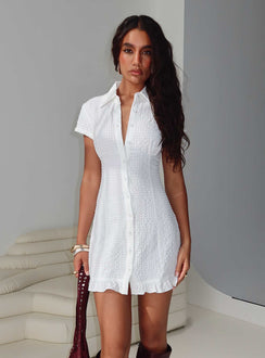 side view of model wearing Princess Polly Covey Mini Dress White V-Neck 