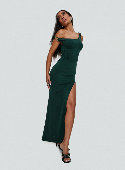 side view of model wearing Princess Polly Rios One Shoulder Maxi Dress Green Scoop Neck 