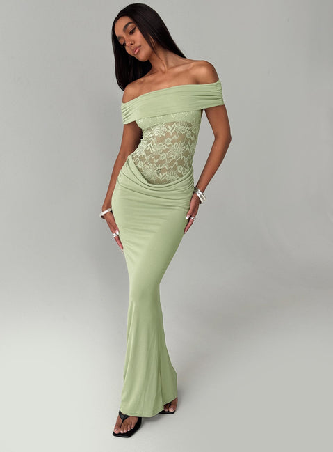 back view of model wearing Princess Polly Gwendolen Off The Shoulder Maxi Dress Green Straight Neck 