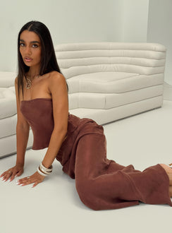   front view of model wearing Princess Polly Lucelia Maxi Skirt Brown Maxi 