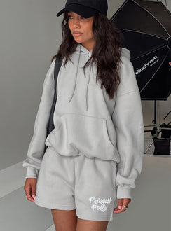 back view of model wearing Princess Polly Princess Polly Hooded Sweatshirt Puff Text Grey 