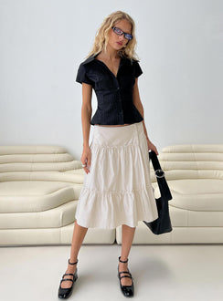   side view of model wearing Princess Polly Cascades Low Rise Midi Skirt Beige / White Stripe Midi Skirts 