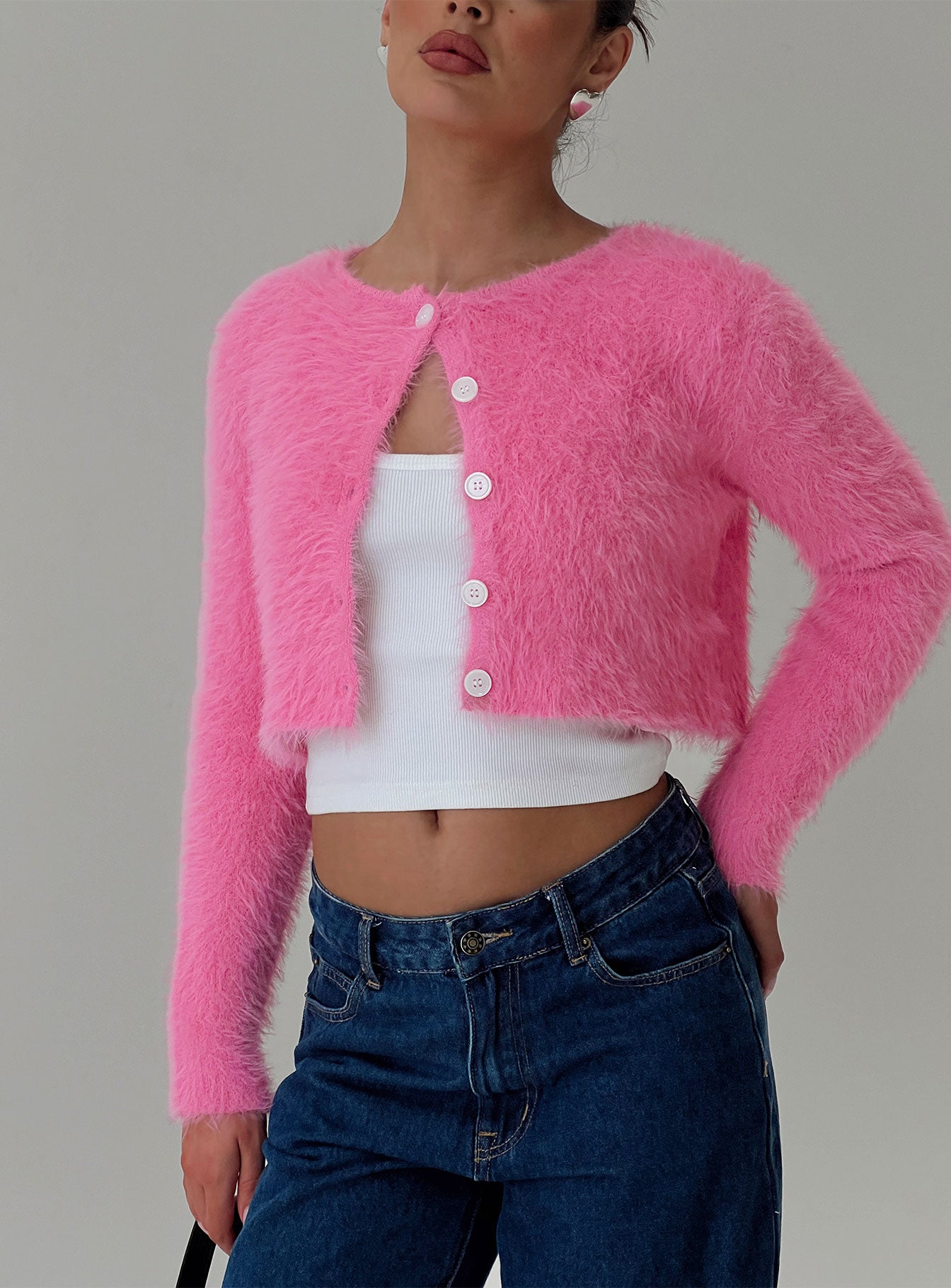 front view of model wearing Princess Polly Just A Girl Cardigan Pink cropped 