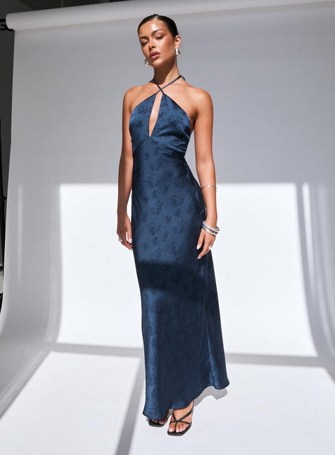 front view of model wearing Princess Polly Limosina Halter Maxi Dress Navy Plunger 