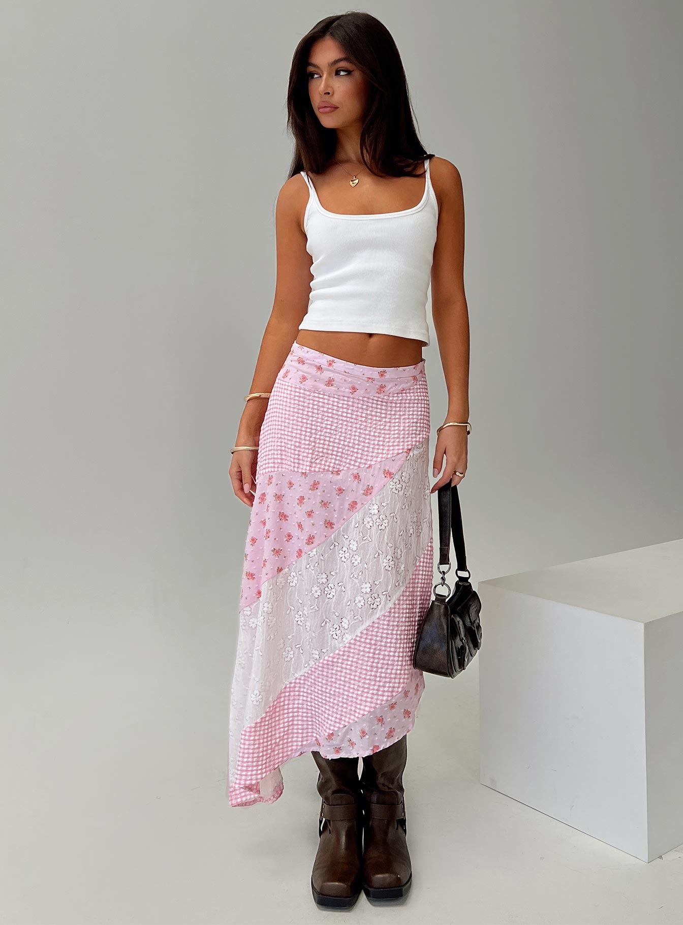   front view of model wearing Princess Polly Rennar Maxi Skirt Multi Maxi 