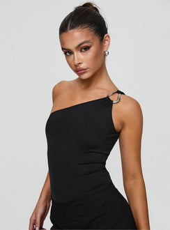 side view of model wearing Princess Polly Talija One Shoulder Bodysuit Black Sleeveless 